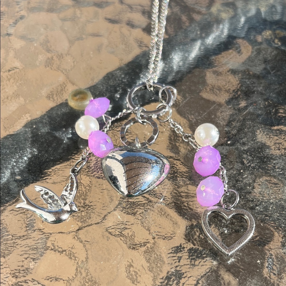 Silver and Purple Charm Heart & Bird Necklace